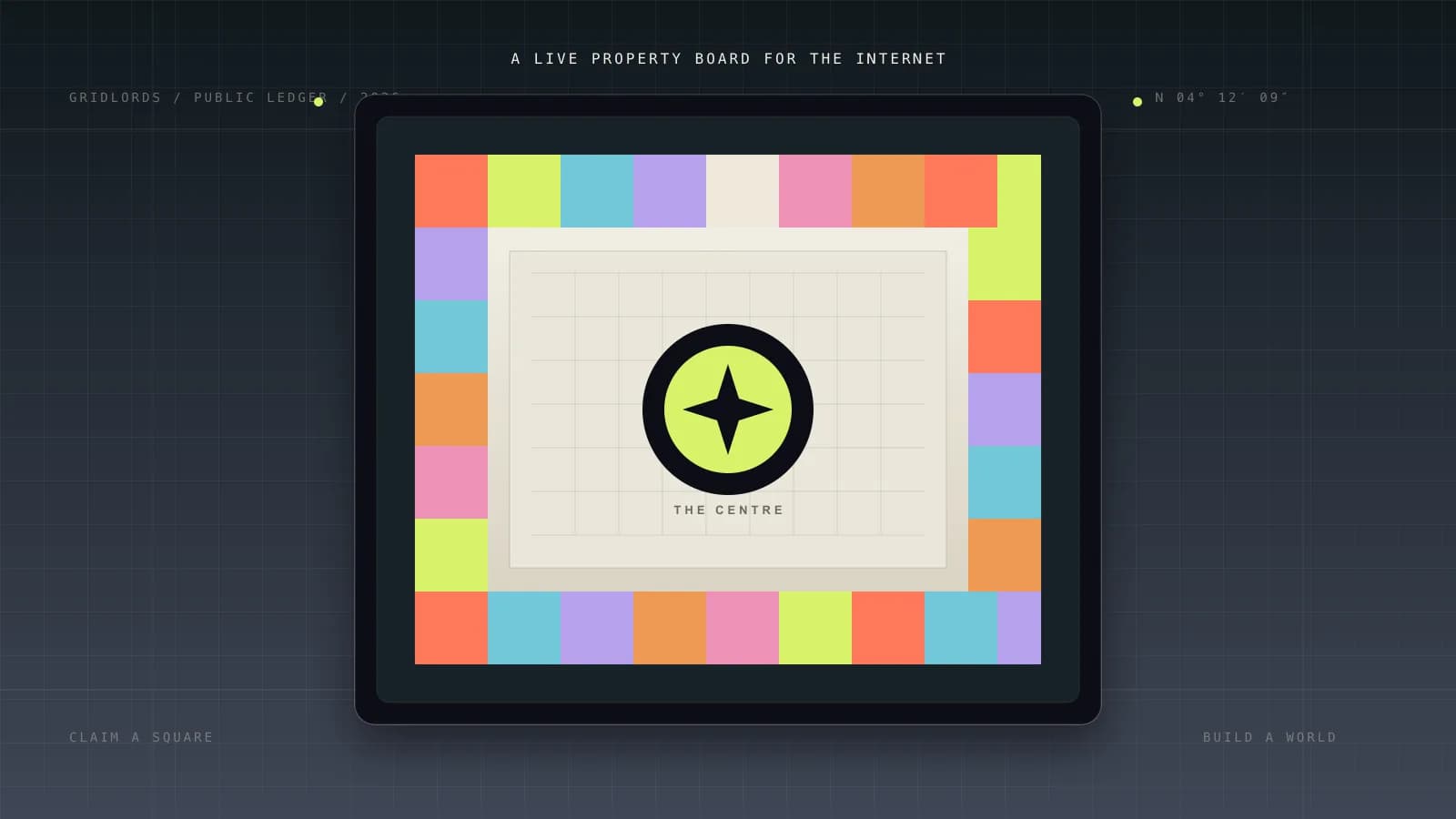 A colorful property board with a bright central square and a dark interface around it